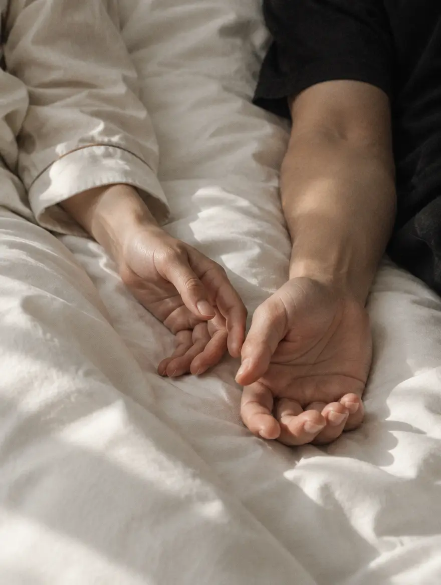 침대 위에 나란히 놓인 두 사람의 손